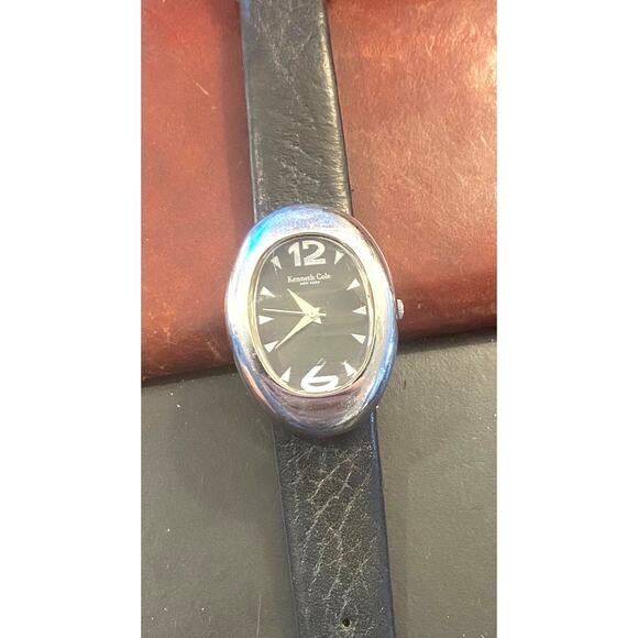 Women's Kenneth Cole New York Watch, Silver Tone with Black Leather Band and Fac - Picture 1 of 4